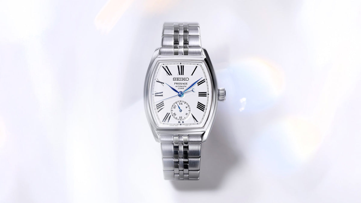 A tonneau-shaped dress watch with an enamel dial honors Japanese craftsmanship and Seiko’s watchmaking heritage.